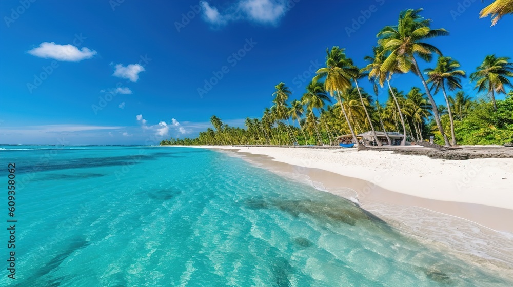 Fototapeta premium Tropical beach paradise with crystal clear water, sea beach, island water, ocean, Generative AI.