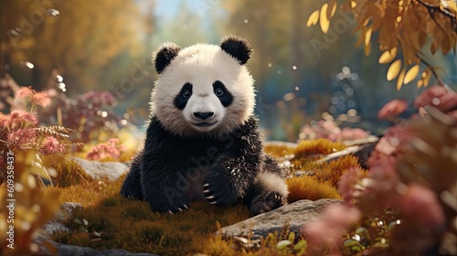 Cute little panda in the forest 