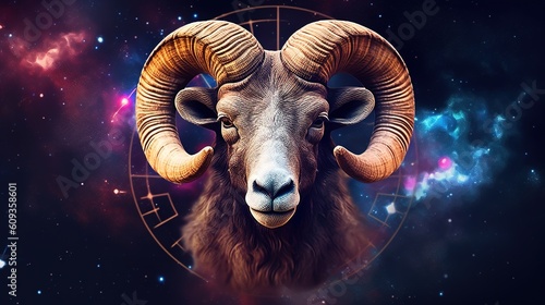 Capricorn goat ram zodiac sign against space nebula background. Astrology calendar. Esoteric horoscope and fortune telling concept. Created with Generative AI © Svfotoroom