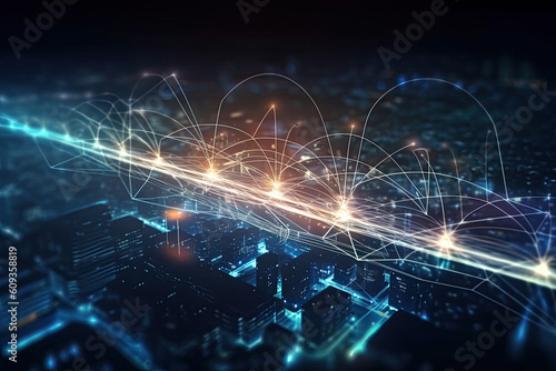Smart city and abstract communication network concept, big data dot point connection technology concept created with Generative AI.