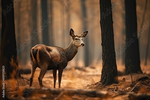 Deer stands on a forest path in the softly lit light in the morning, created with Generative AI