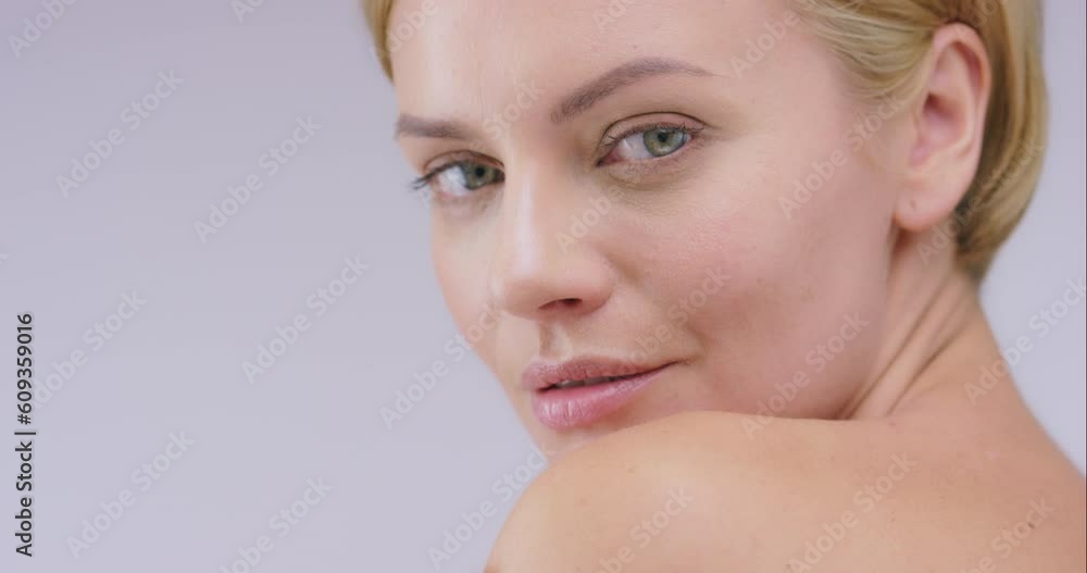 Face, beauty and woman with cosmetics, luxury and pamper treatment against a grey studio background. Portrait, female person and model with dermatology, skincare and salon grooming with wellness Face, beauty and woman with cosmetics, luxury and pamper treatment against a grey studio background. Portrait, female person and model with dermatology, skincare and salon grooming with wellness