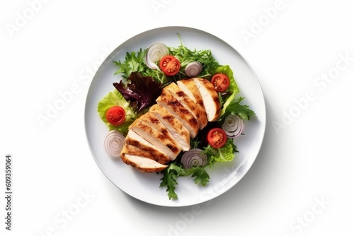 Chicken fillet with salad. Healthy food, keto diet, diet lunch concept. Top view on white background. 