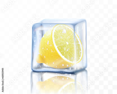 Fresh ripe lemon half in ice cube isolated on transparent background. Frozen lemon, realistic 3d vector illustration