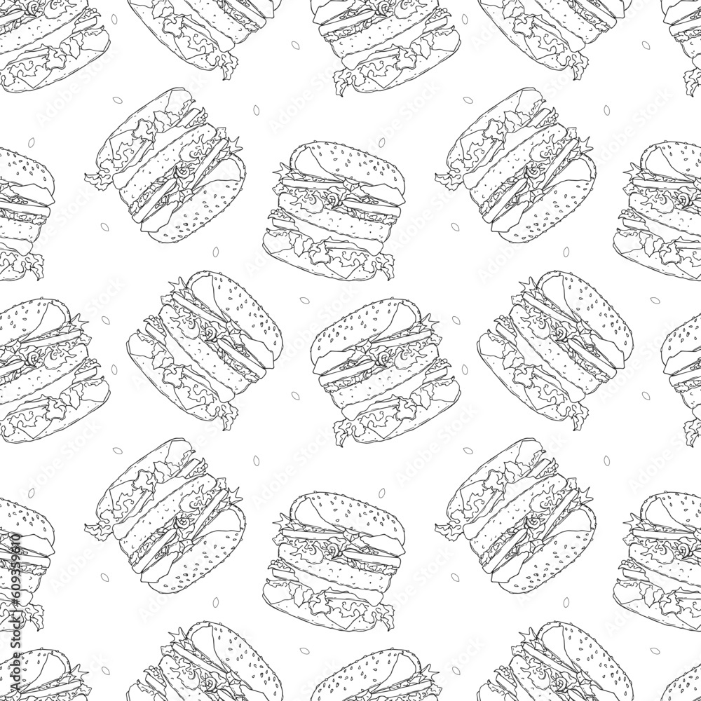 Burger hamburger pattern, white and black, hand-drawn contour drawing. . Vector illustration