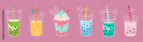 Bubble tea cup design collection, Pearl milk tea, Yummy drinks, coffees and soft drinks with doodle style banner. Colorful flat vector illustration. Boba Yummy Beverages in Glass or Plastic Cups.