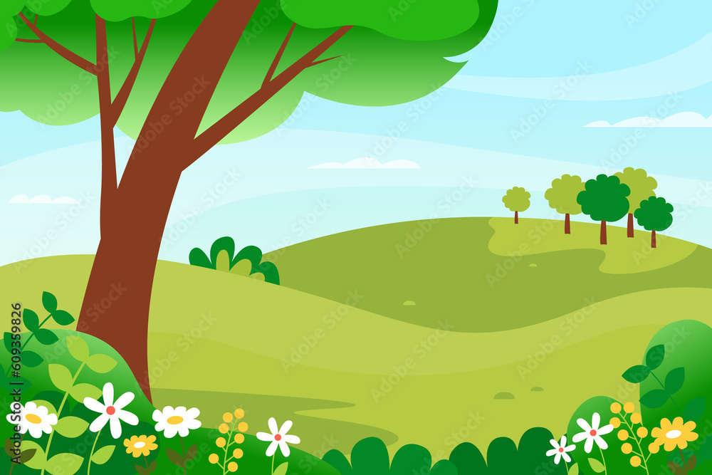 Summer landscape with trees, fields and flowers. Colorful illustration. Summer landscape with trees, fields and flowers. Colorful illustration.
