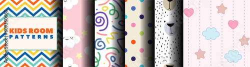 Colección de patrones sin fisuras de la habitación de los niños. Juego de papel tapiz para dormitorio infantil. Gráficos para textiles, prendas de vestir y fondos. Paquete vectorial de diseños para im photo