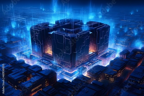 3D Rendering of Digital Fortress, Surrounded by Glowing Firewalls, Shields in Floating Cyberspace, Intricate High-Tech Architecture, Aerial View of Secure Virtual Environment, Generative AI, KI