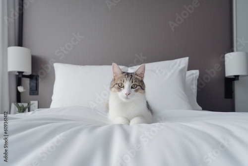 cat in a hotel room in light colors. lies on the bed. relax. AI generated