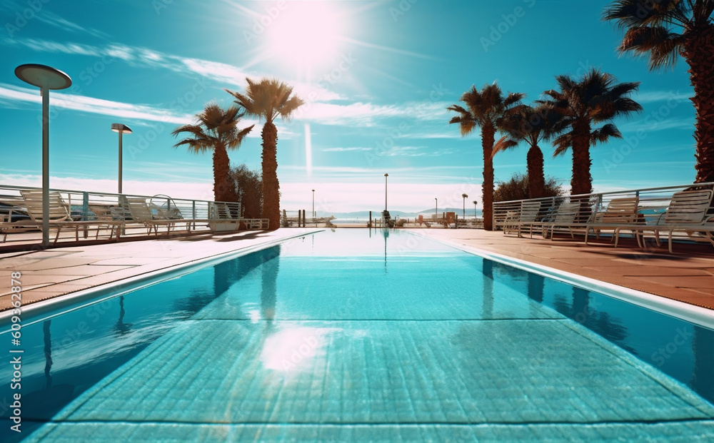 pool large home water blue relaxation swimming palm summer luxury. Generative AI.