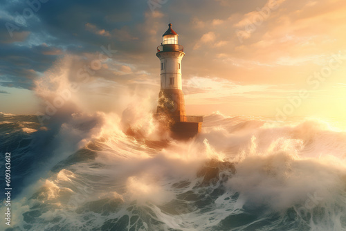 The power of nature: the lighthouse surrounded by powerful waves, Generative AI