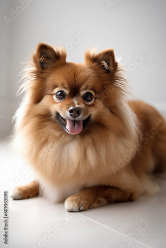 Curious Pomeranians spitz dog looking at the camera in home. Adorable pet. Waiting for the over. Dog food. Love for animals