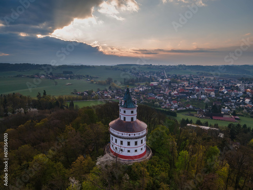 Landscape with chateau Humprecht during sunrise with cityscape, Czechia
