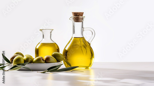 Olive fresh extra virgin oil in a glass bottle and green olives with leaves on white background.