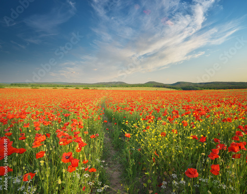 Meadow of poppies at sunset.