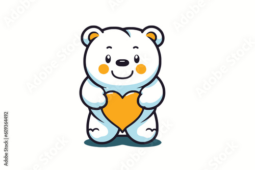 Cute cartoon polar bear with heart on white background. Vector illustration.