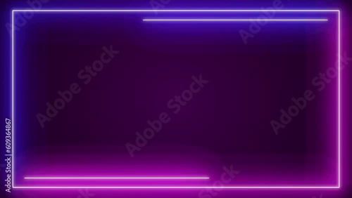 Animated neon glowing frame background. Colorful laser show aseamless loop 4K border. Futuristic light effect isolated on black. VJ backdrop for club, show, music video, and presentation. 3D animation photo