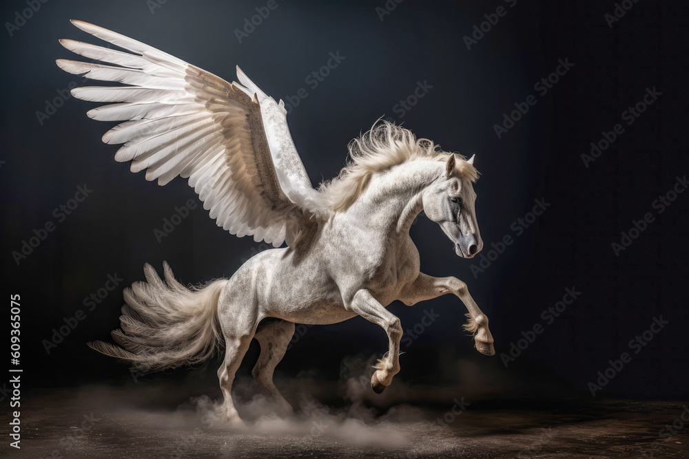 Pegasus, illuminating elegance. Mythical Pegasus gracefully poised under the captivating glow of studio lights. Generative AI.