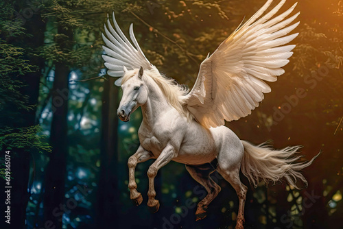 Magnificent Pegasus gracefully navigating through the mystical depths of the forest.Generative AI.