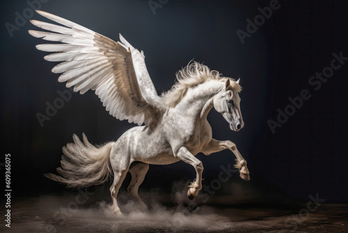 Pegasus  illuminating elegance. Mythical Pegasus gracefully poised under the captivating glow of studio lights. Generative AI.