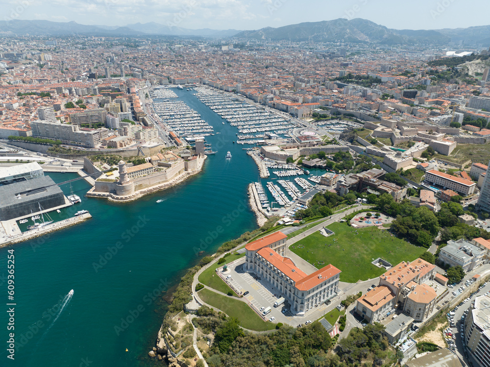 Aerial top down drone image of the port of Marseille and city center.