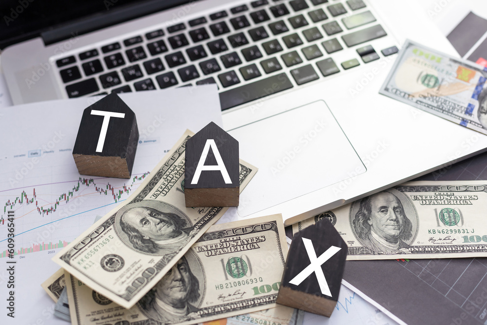 the word TAX is laid out of wooden cubes with letters on white background with coins the word TAX is laid out of wooden cubes with letters on white background with coins