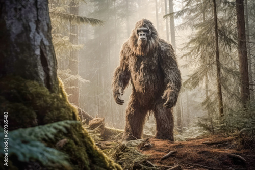 Majestic Sasquatch roams the forest with its towering stature and enigmatic demeanor. Generative AI.