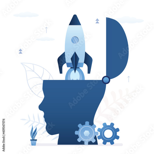 Silhouette of human head with rocket launch. Concept of brainstorm, idea, mind boost. Startup development, pitching ideas. Founder launch new project.