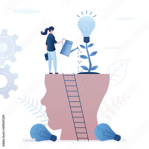 Silhouette of human head with growing idea bulb. Mentorship, business leadership. Business coach or tutor watering new idea plants on huge brain. Education, brainstorming,