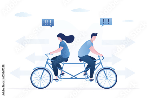 Business partners rides tandem bike different directions. Conflict, choice right way business development. Competition for team leadership. Family problems, bullying, quarrel and battle.