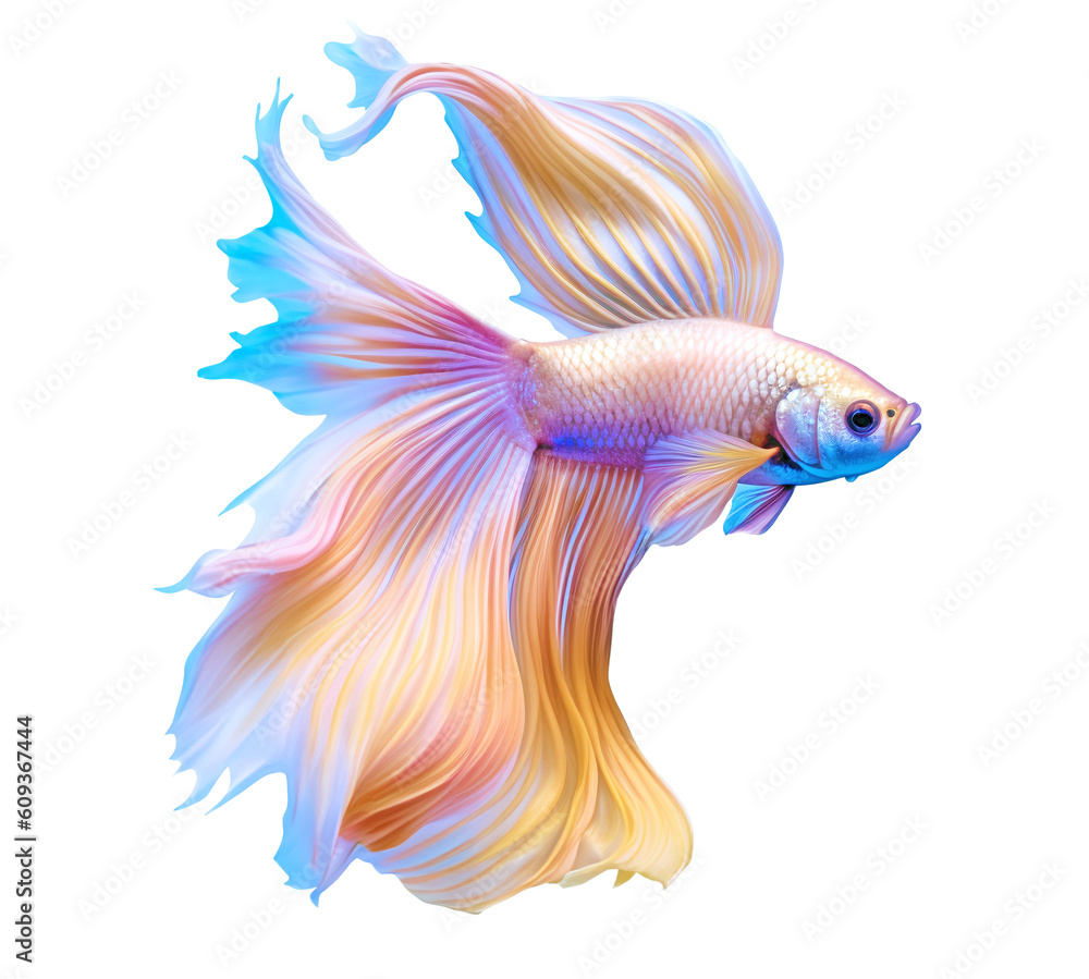 Fototapeta premium Siamese betta fish. Colorful magic betta fish with beautiful iridescent rainbow silk tail isolated on transparent png background. Amazing tropical goldfish ai generated illustration