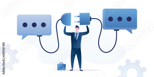 Successful negotiations, assistance in finding solution. Communicate to solve problem, discussion or meeting to get new ideas. Smart businessman connect plug between conversation.