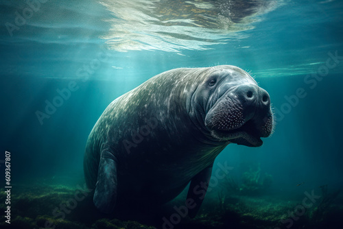 Steller's sea cow, a massive herbivorous marine mammal that once thrived in the Bering Seawith distinctive gray-brown skin, rounded body, and paddle-like flippers. Generative AI. © Microgen