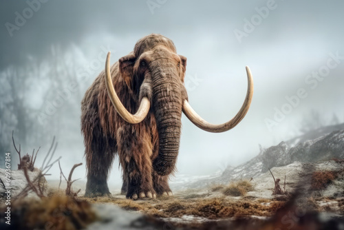 Ancient and majestic wooly mammoth, now extinct for thousands of years. Generative AI.