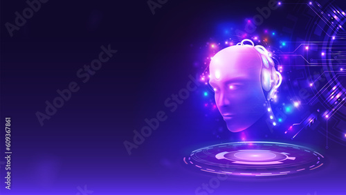 Robot head of artificial intelligence hanging over digital hologram podium. Supercomputer in form of futuristic cyborg head. Machine learning technology, neural networks.