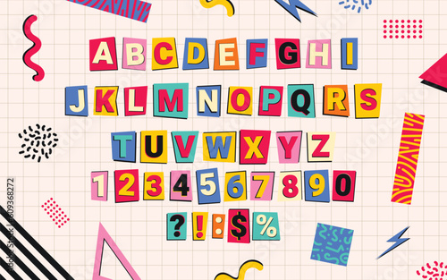 90's Cutting Paper Alphabet Font with Teenager Colorful Style and Punk Rock Style 