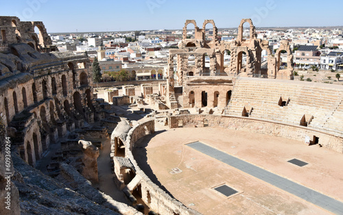 El Jem Roman Amphitheater High Angle View with Partial Shadows Frame Left
