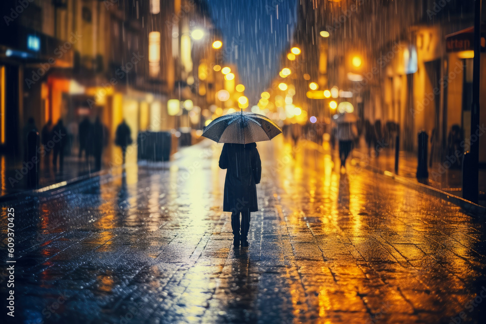 Depths of Sadness and Melancholy. Person walking in the rain, a poignant representation of sadness and melancholy in the realm of mental health. Generative AI