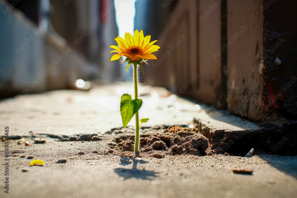 Blooming Resilience - Sunflower Rising Through Concrete. Vibrant sunflower emerging from the cracks in concrete, a powerful symbol of resilience and growth in the face of adversity. Generative AI
