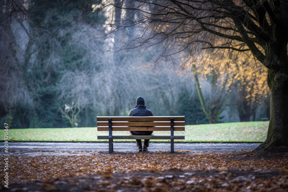 Solitude Setting Bench Embracing solitude - solitary figure on a park bench serves as a symbol ...