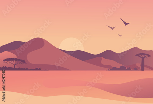 African landscape. Background sunset in the desert with mountains