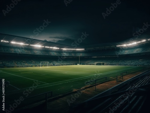 Football stadium with bright lights and seats Created with Generative AI technology