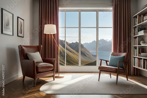 modern living room with furniture.modern living room and snow-falling mountain also include sun in the sky 