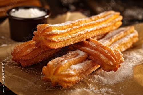 churros on white parchment with powdered sugar and sauce. close up. Spanish cuisine. AI generated