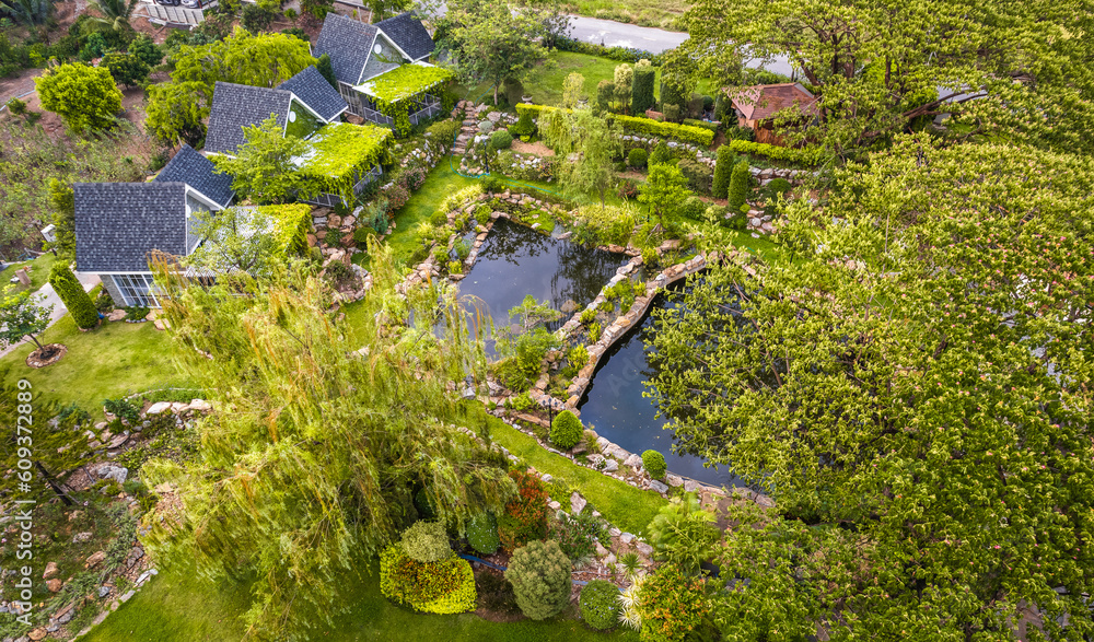Obraz premium Aerial view of a glamping or camping area with tents in Khao Yai, Nakhon Ratchasima, Thailand