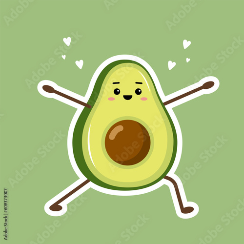 Cute kawaii avocado sticker. Doodle fruit on green background. Trendy decor for notebook or diary. Hand drawn vector illustration in flat cartoon style.