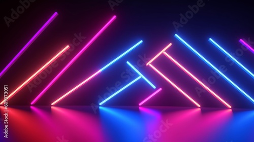 3d render, abstract panoramic neon background with arrows showing right direction, blue pink red gradient, Generative AI