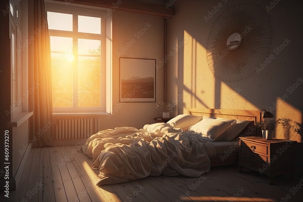 Fototapeta premium a peaceful bedroom with rays of sunshine illuminating the room, created with generative ai