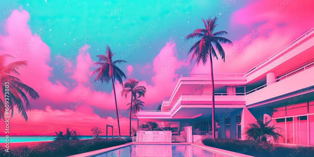 Obraz premium AI Generated. AI Generative. Old vintage cyberpunk vapor wave synthwave miami vice florida tropical landscape. Graphic Art
